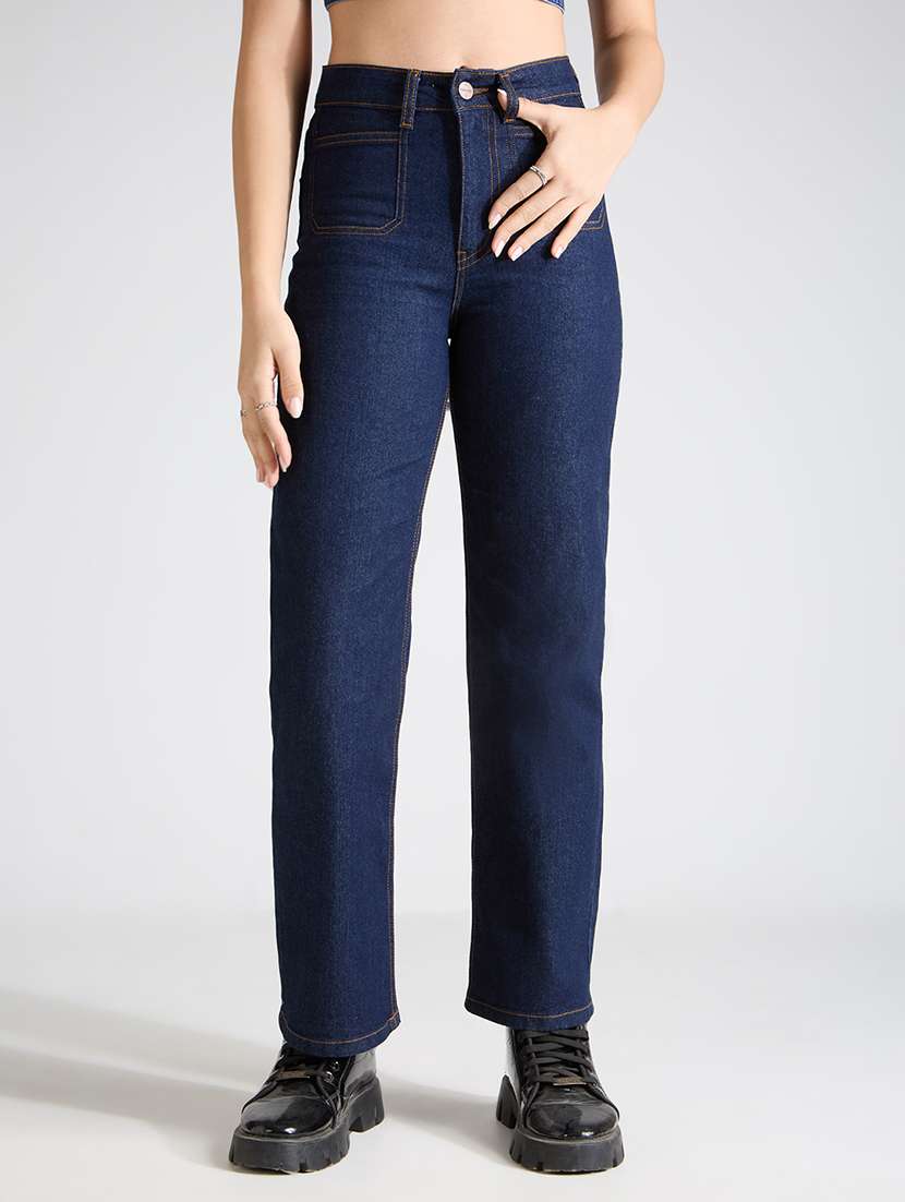 women solid high rise straight fit jean