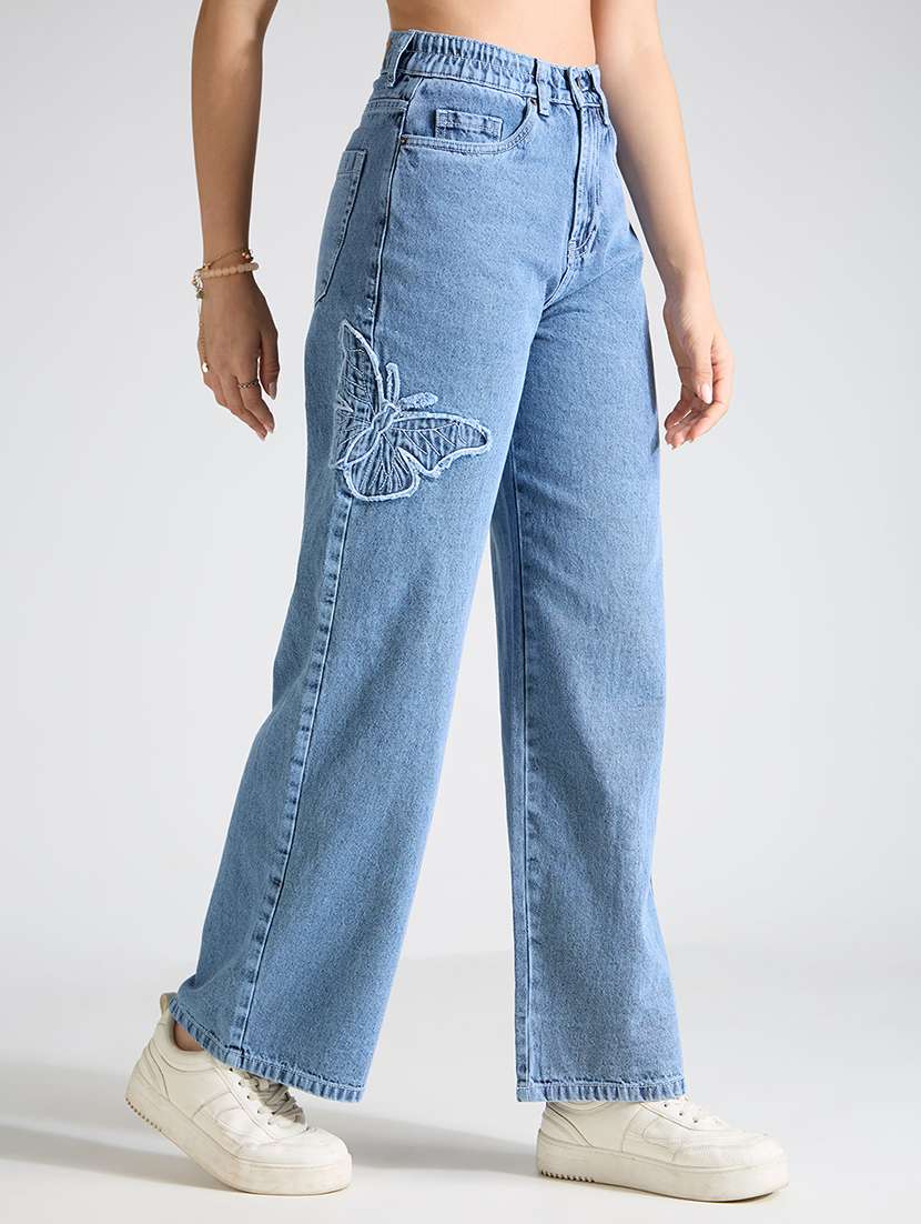 Women Light Blue High Rise Wide Leg Jeans