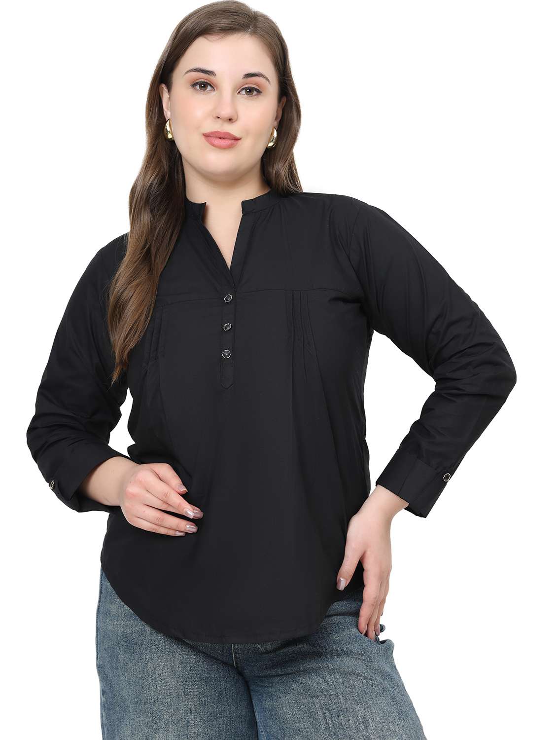 women solid mandarin neck regular top
