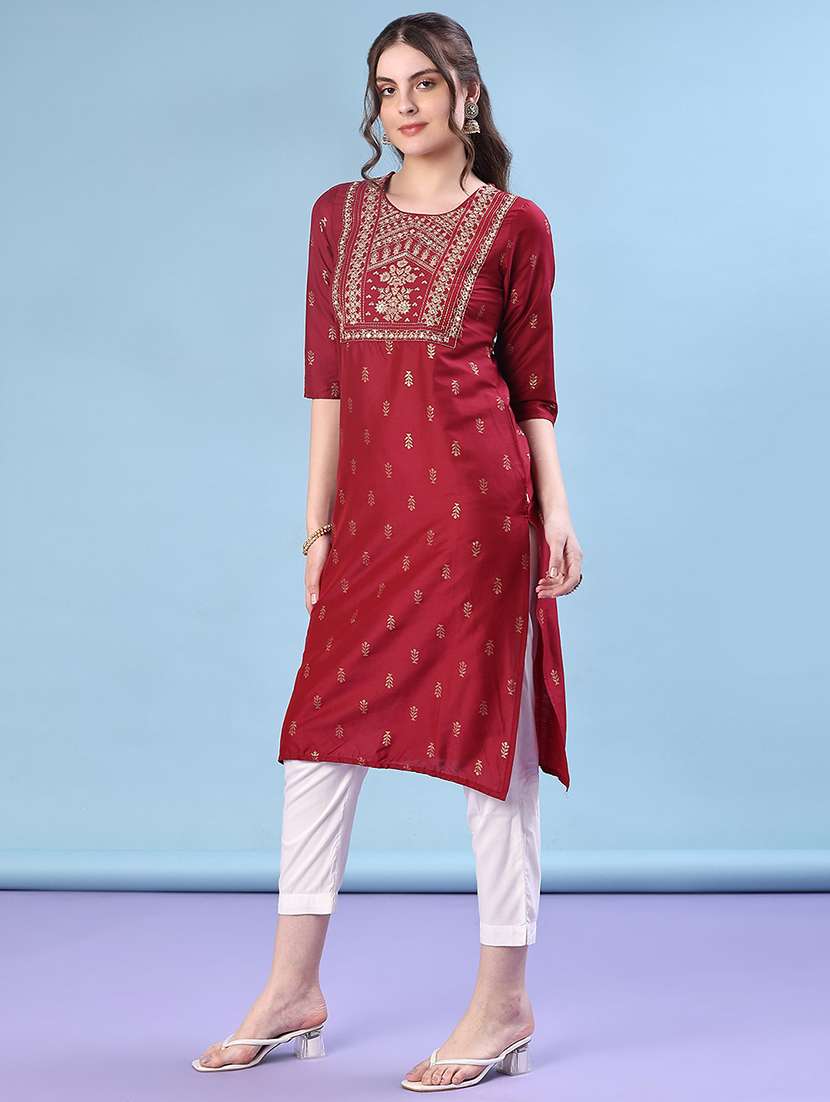 women three quarter sleeve straight kurta - 21998980 -  Standard Image - 2
