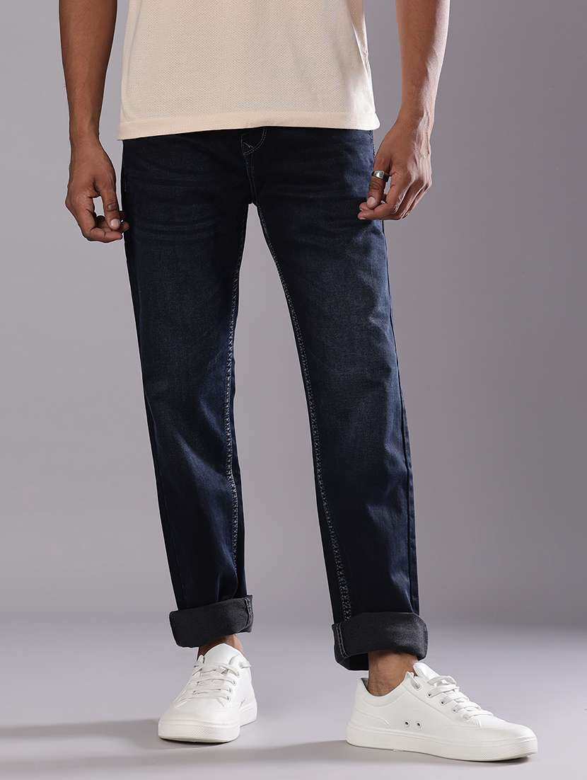 men washed mid rise full length jeans