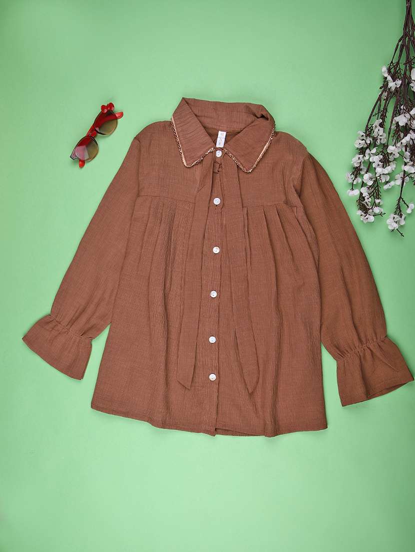girls solid collared puff sleeve shirt top