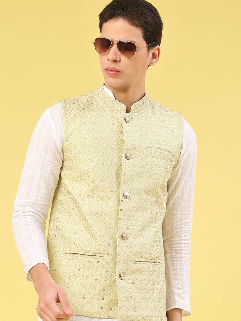 green polyester nehru jacket - 21999750 -  Standard Image - 2