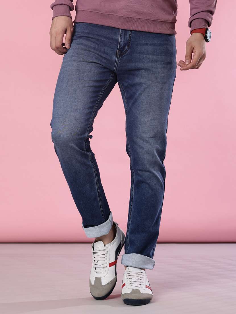 men washed mid rise full length jeans