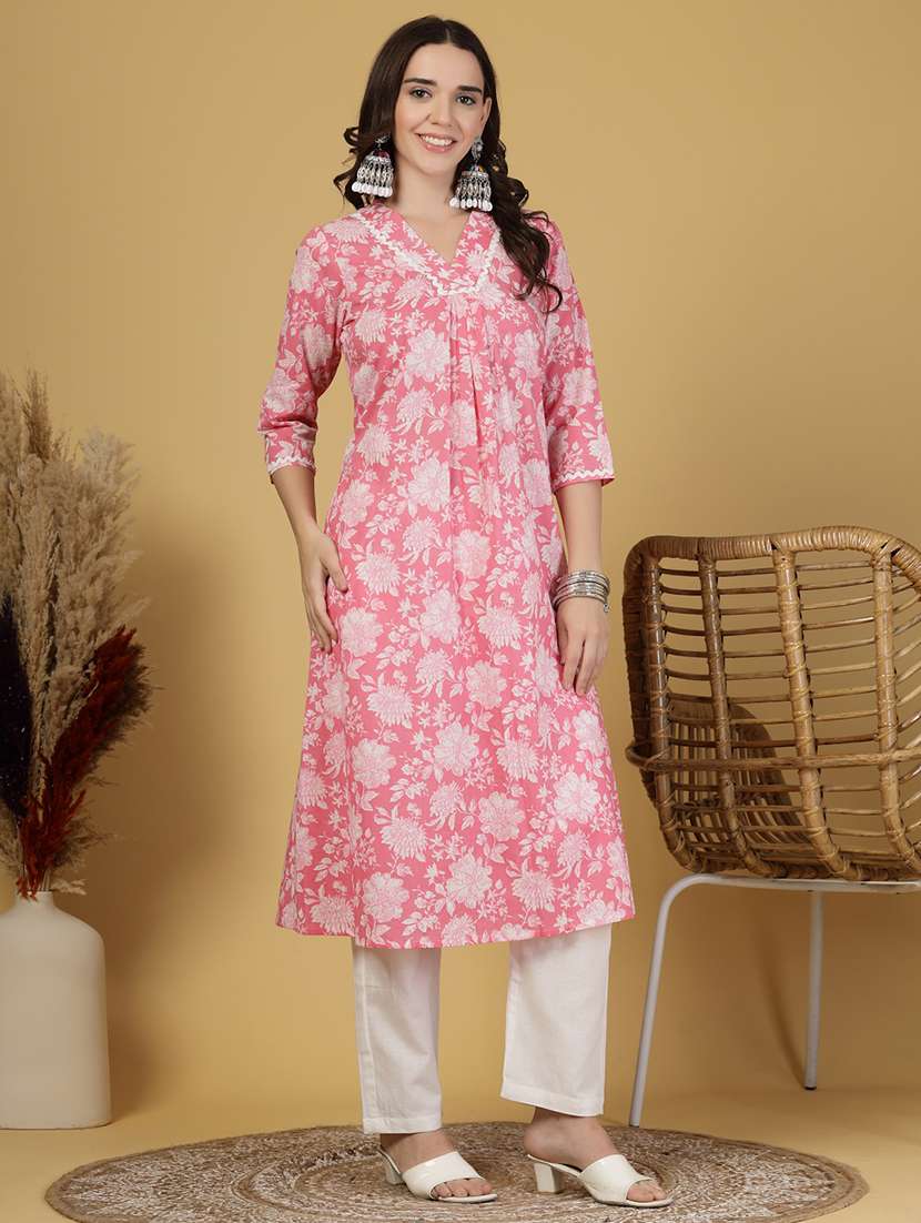 women floral printed three quarter sleeve a-line kurta