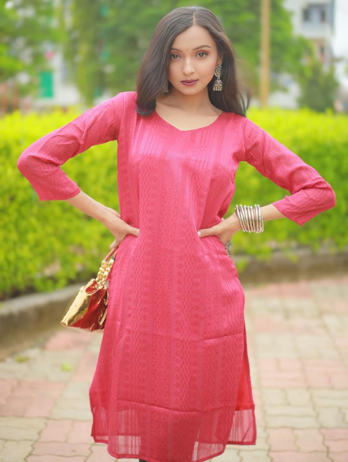 women self design three quarter sleeve straight kurta - 21999968 - Standard Image - 2