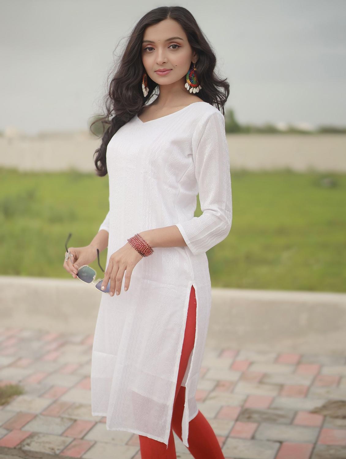 women self design three quarter sleeve straight kurta - 21999969 - Standard Image - 2