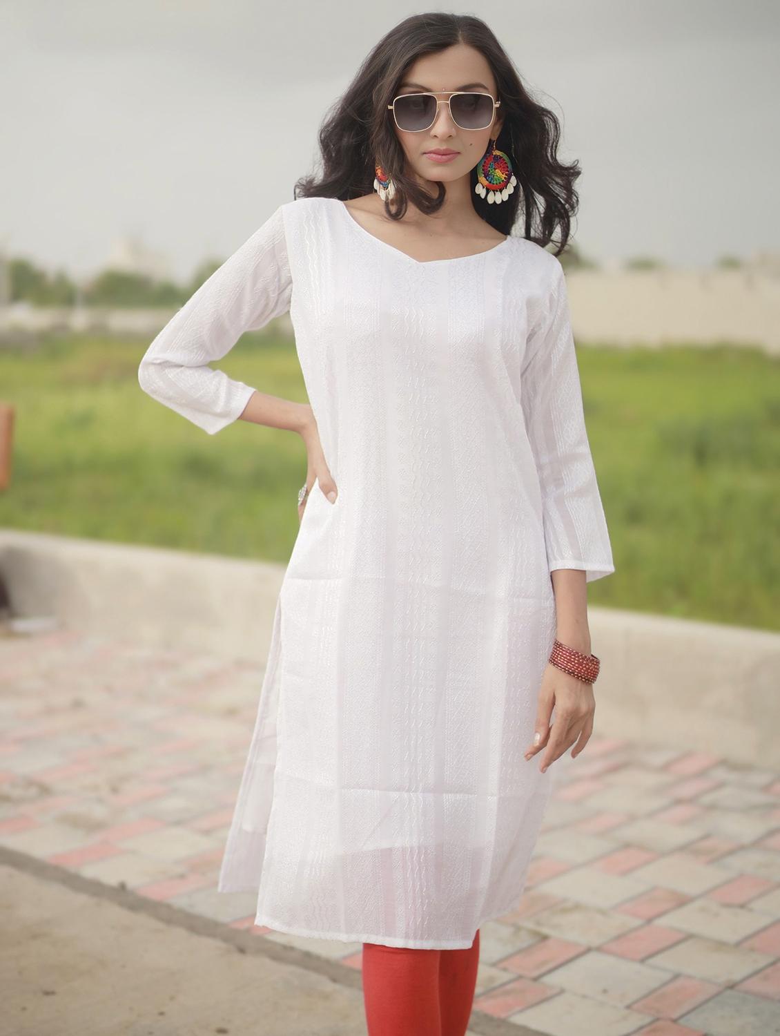 women self design three quarter sleeve straight kurta - 21999976 - Standard Image - 2