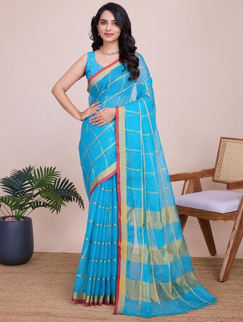 women checkered kota doria saree with blouse - 22000018 - Standard Image - 0
