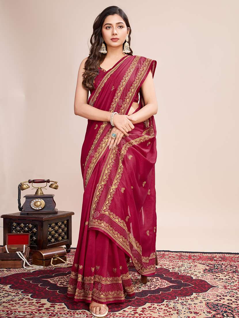 women solid with work zari work bordered saree with blouse - 22000070 - Standard Image - 2