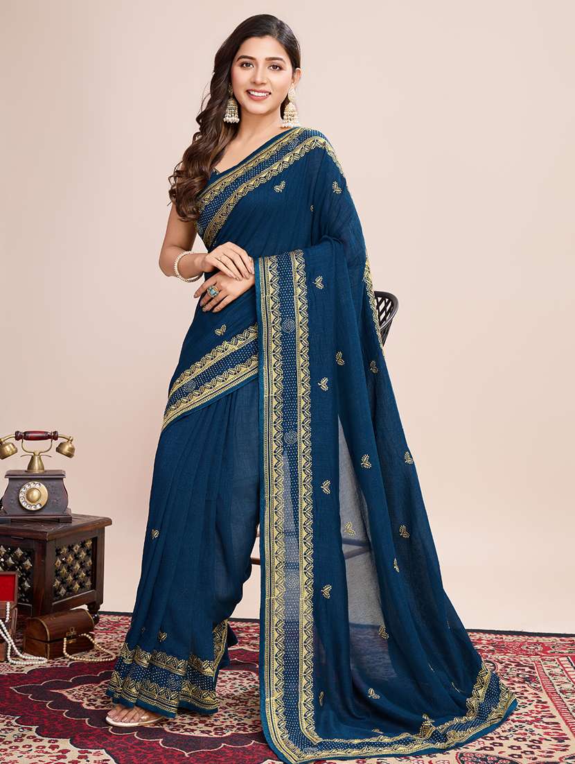 women solid with work zari work bordered saree with blouse - 22000071 -  Standard Image - 2