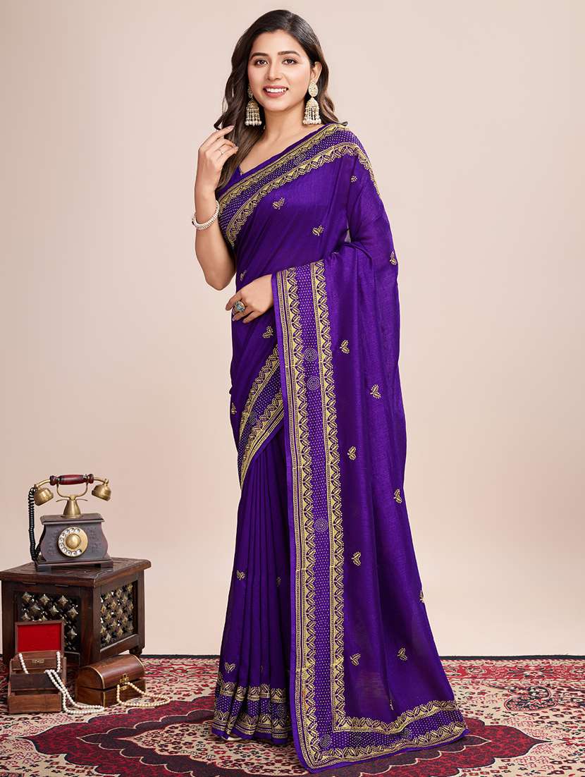 women solid with work zari work bordered saree with blouse - 22000072 - Standard Image - 2