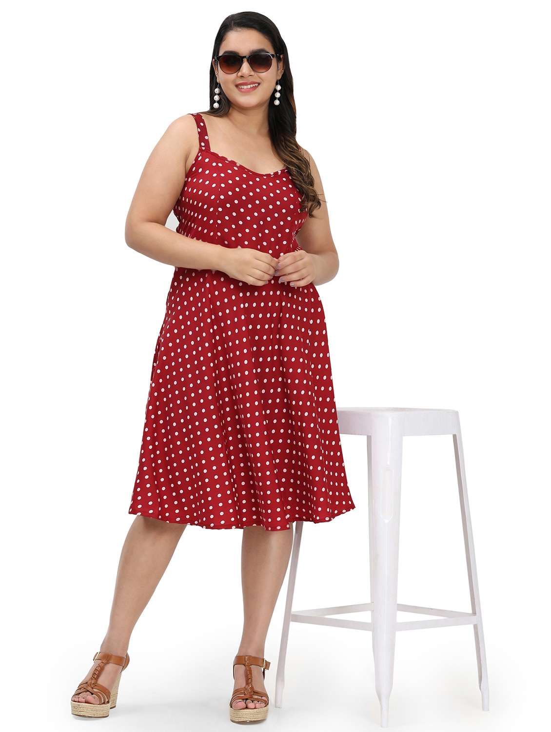 women polka doted shoulder strap fit & flared dress