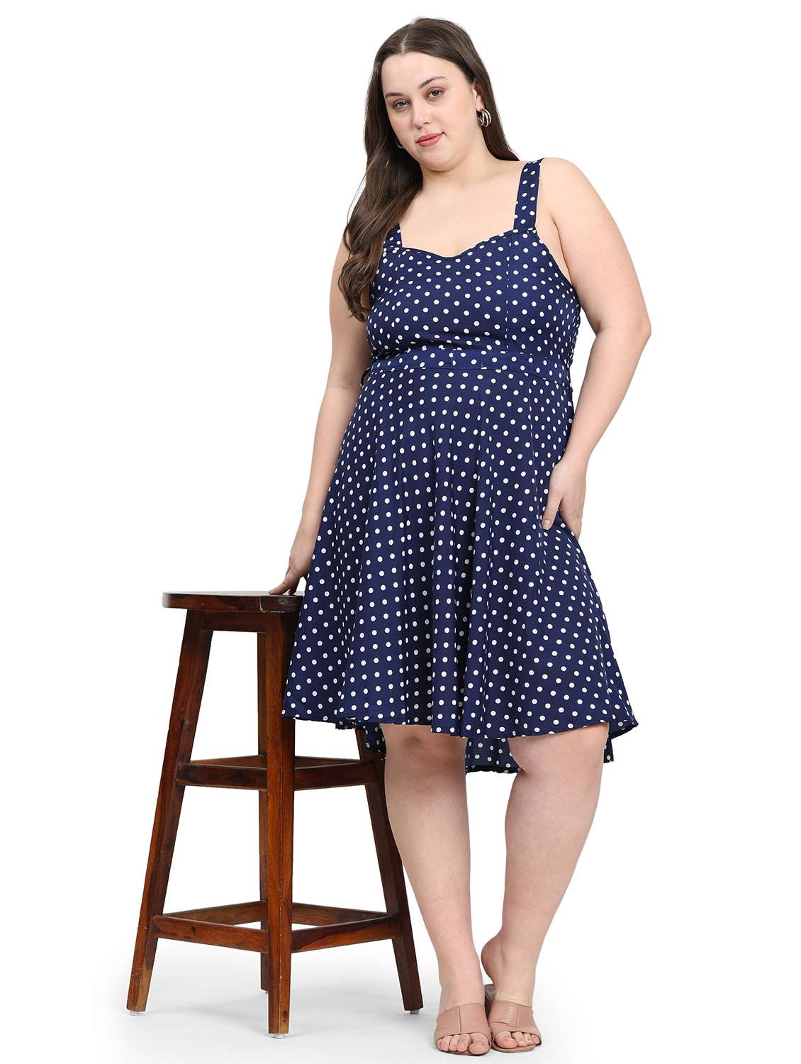women polka doted shoulder strap fit & flared dress