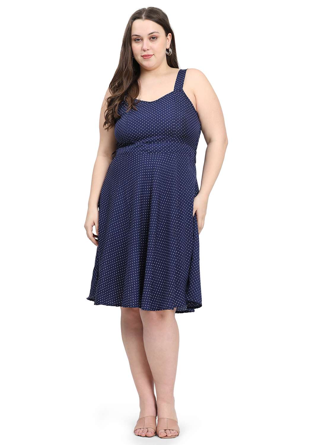 women polka doted shoulder strap fit & flared dress - 22000117 -  Standard Image - 2