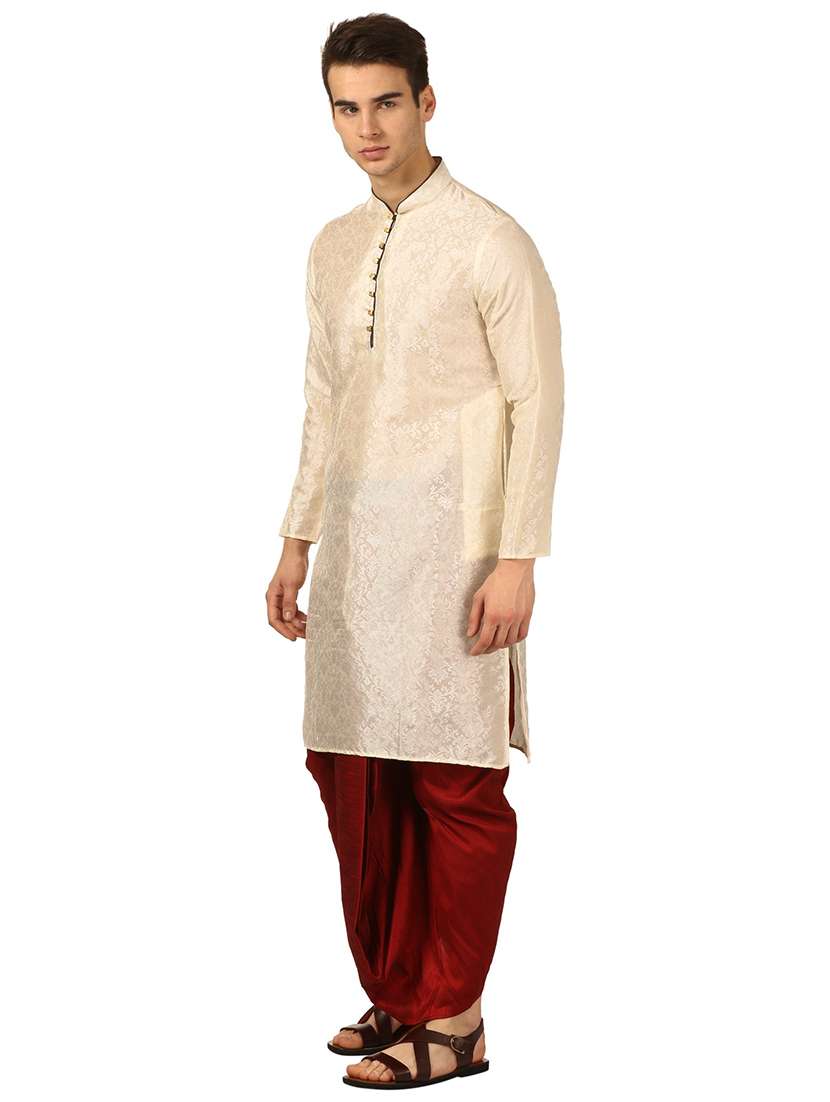 men self design mandarin neck dhoti kurta ethnic wear set