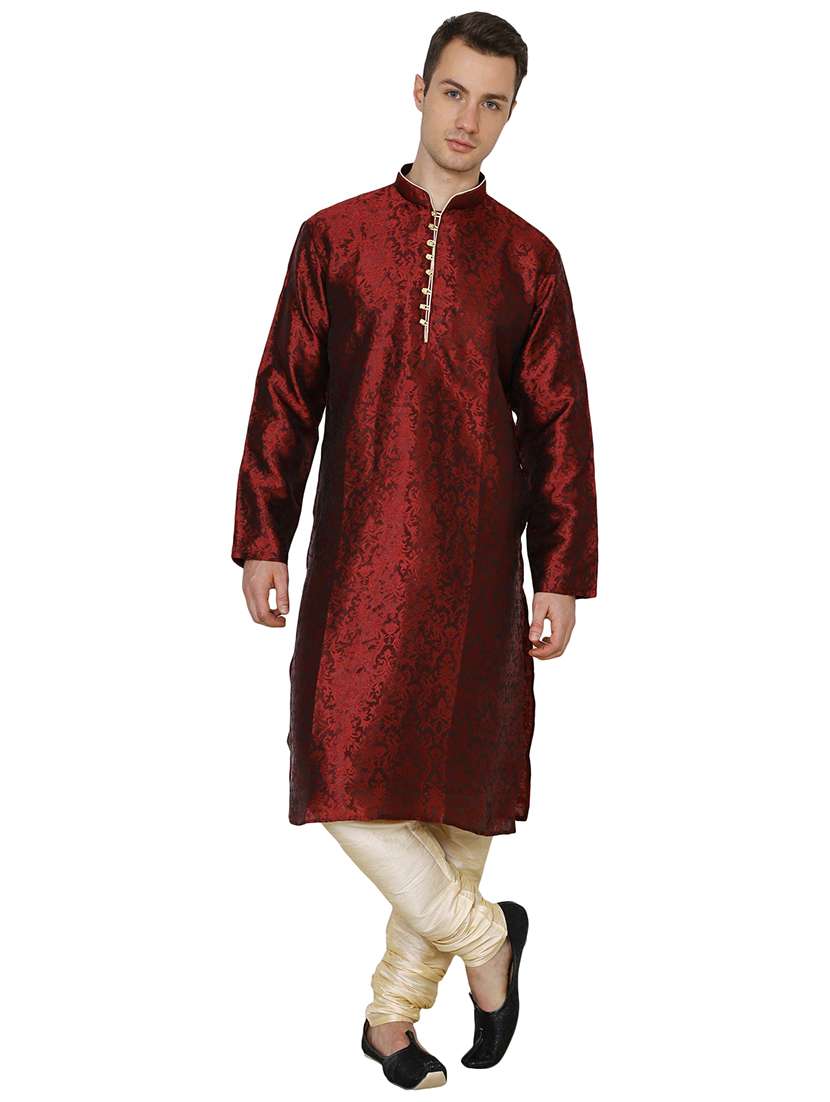 men self design mandarin neck kurta churidar ethnic wear set