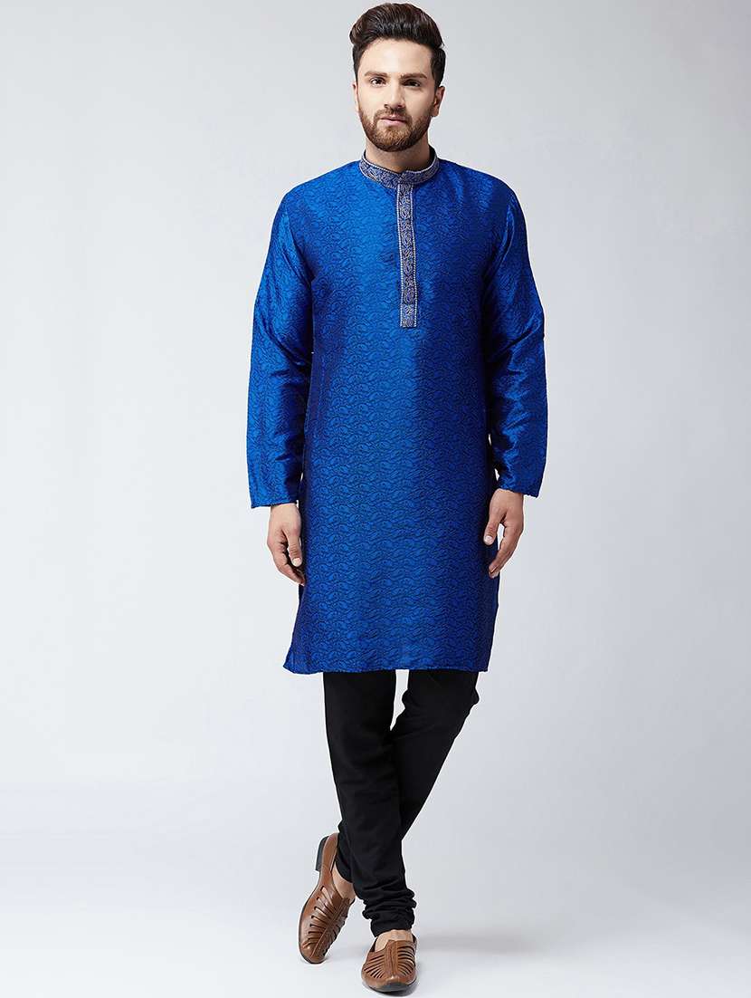 men self design mandarin neck kurta churidar ethnic wear set