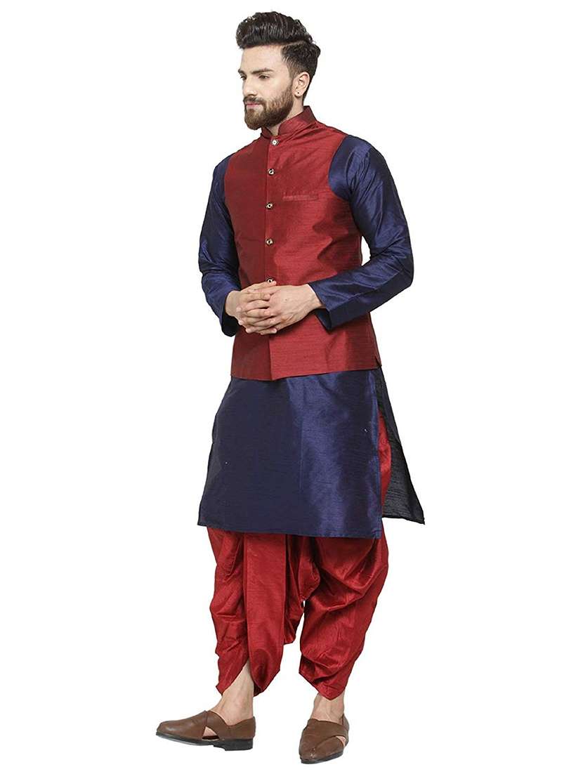 men solid mandarin neck dhoti kurta with jacket ethnic wear set - 22000401 - Standard Image - 2