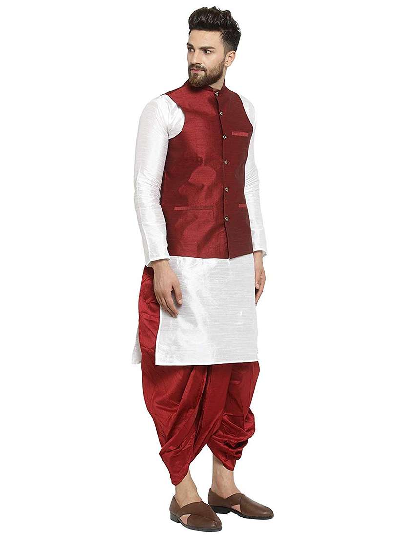 men solid mandarin neck dhoti kurta with jacket ethnic wear set - 22000402 - Standard Image - 2