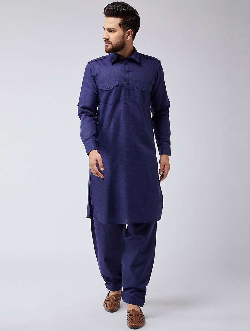 men solid long sleeve pathani ethnic wear set