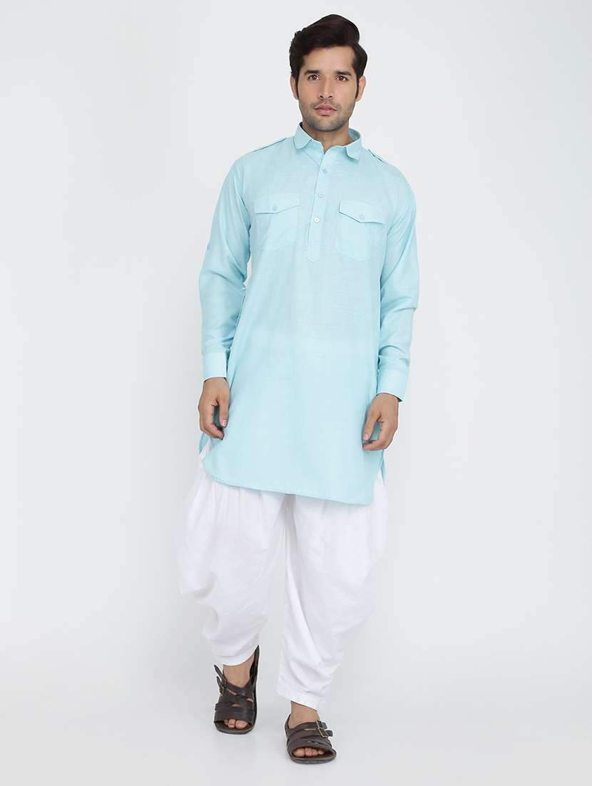 men solid long sleeve dhoti kurta ethnic wear set