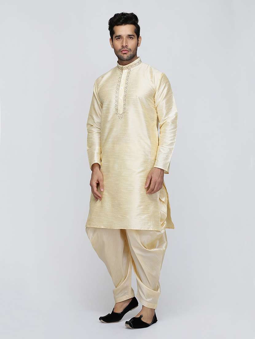 men solid mandarin neck dhoti kurta ethnic wear set - 22000689 - Standard Image - 2