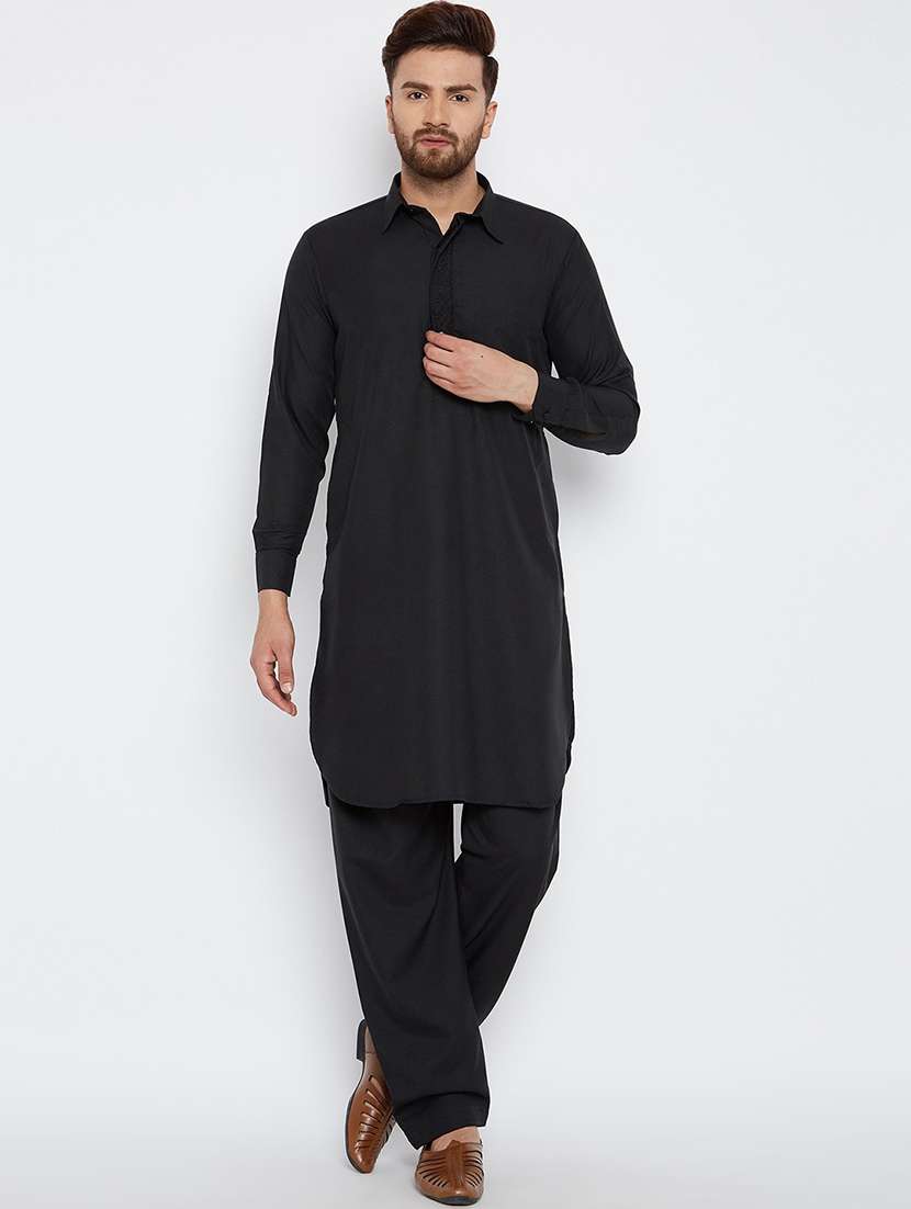 men black solid long sleeve pathani set