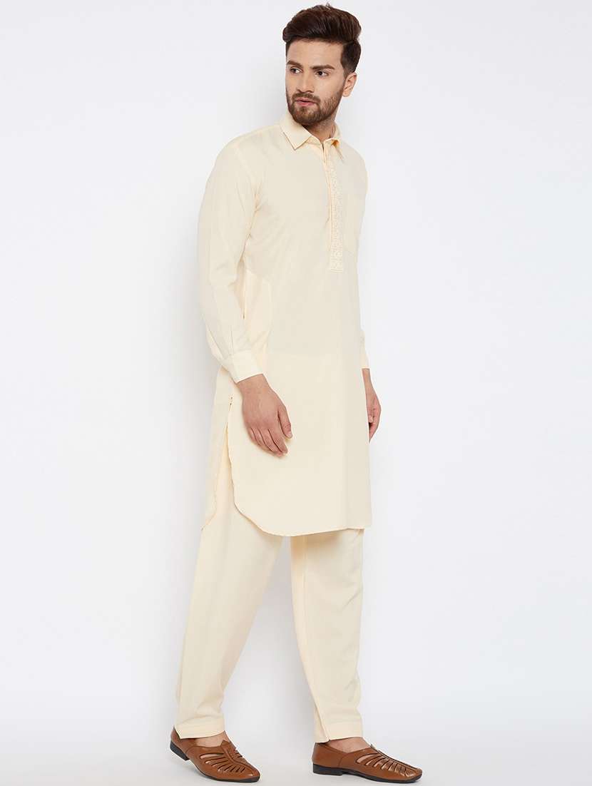 men cream solid long sleeve pathani set - 22000729 - Standard Image - 2