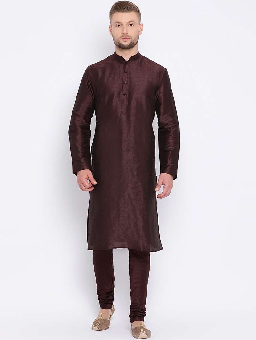 men solid long sleeve kurta and churidar set