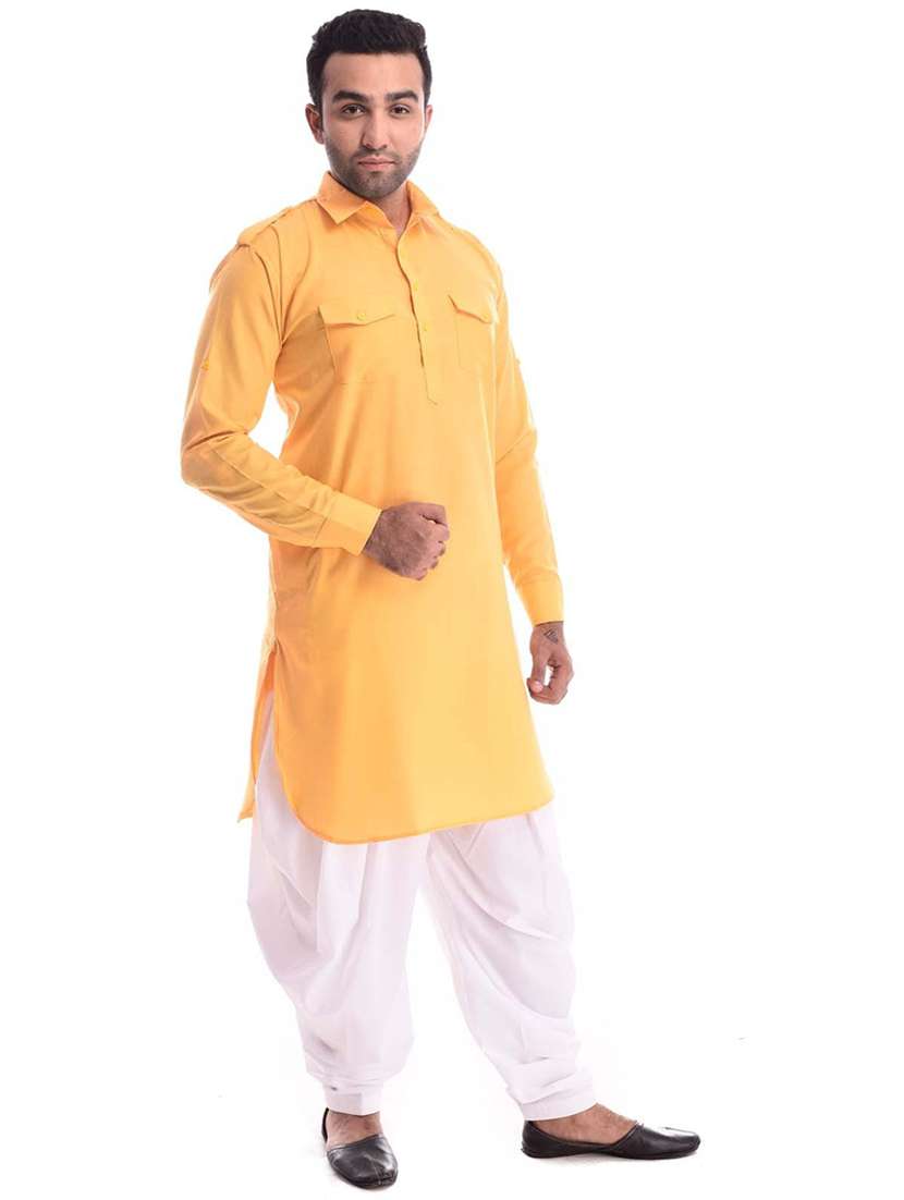 men solid long sleeve pathani kurta set - 22001020 - Standard Image - 2