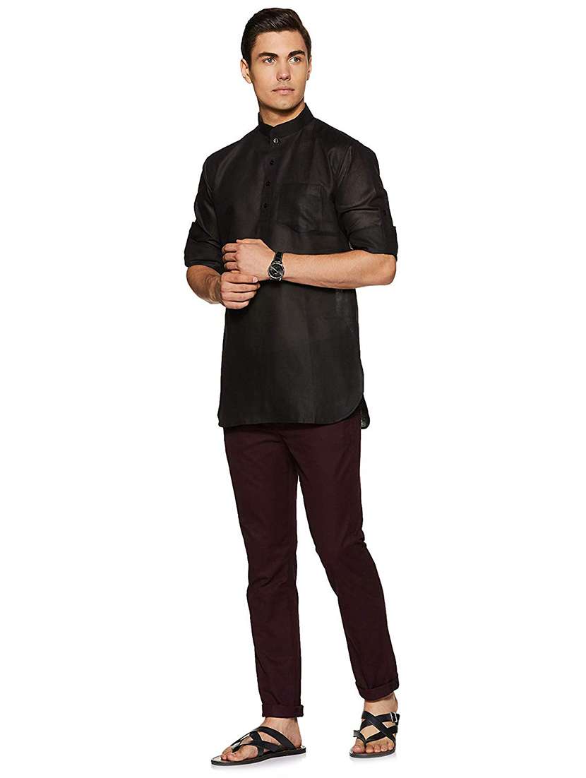 men solid mandarin neck long sleeve short kurta - 22001043 - Standard Image - 2