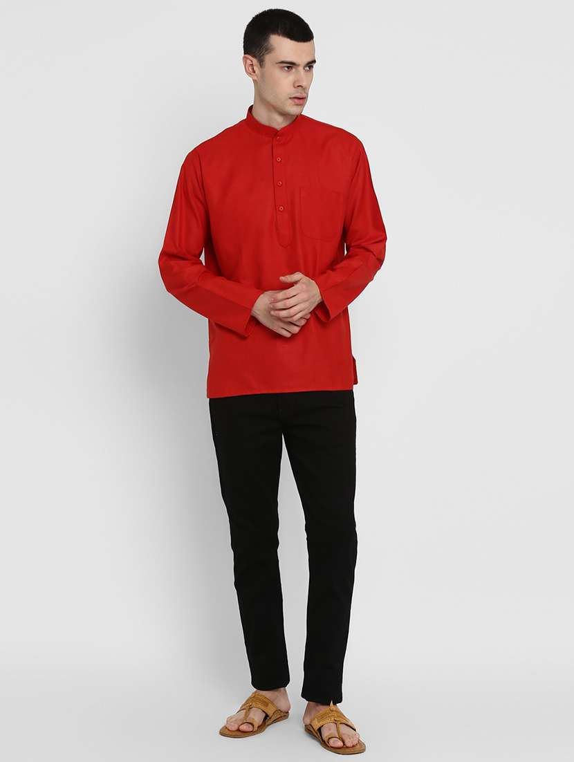 red cotton men solid mandarin collar long sleeve short kurta kurtas kurta - 22001155 - Standard Image - 2