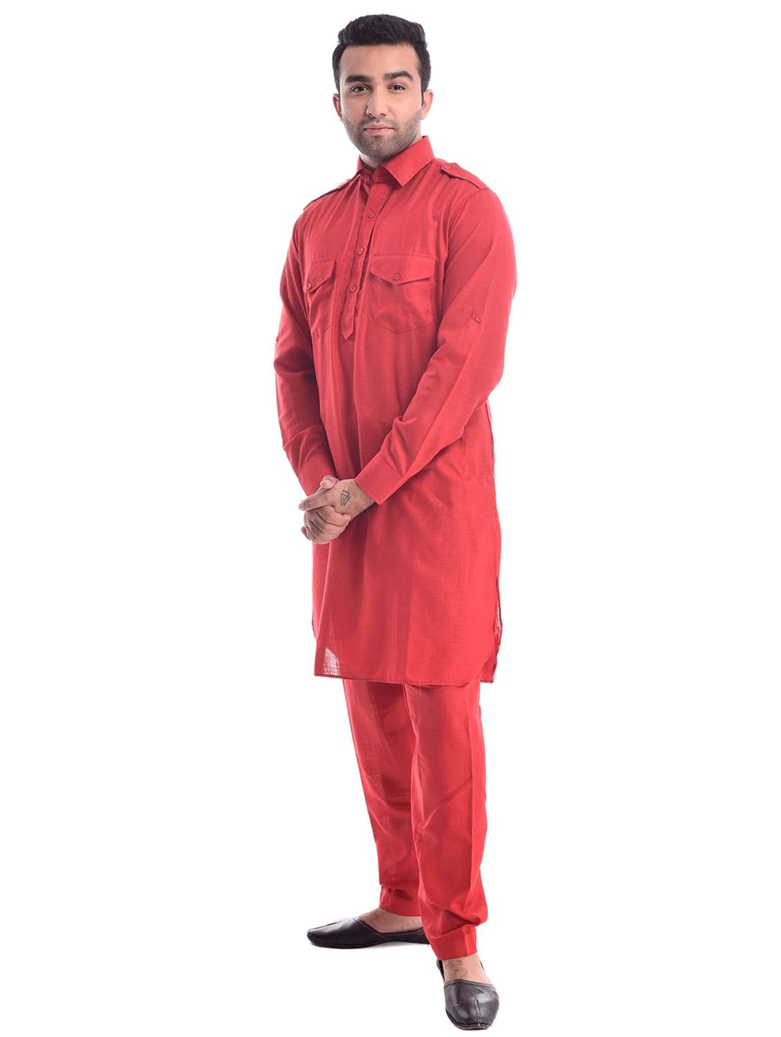 men solid collared long sleeve pathai kurta - 22001202 - Standard Image - 2