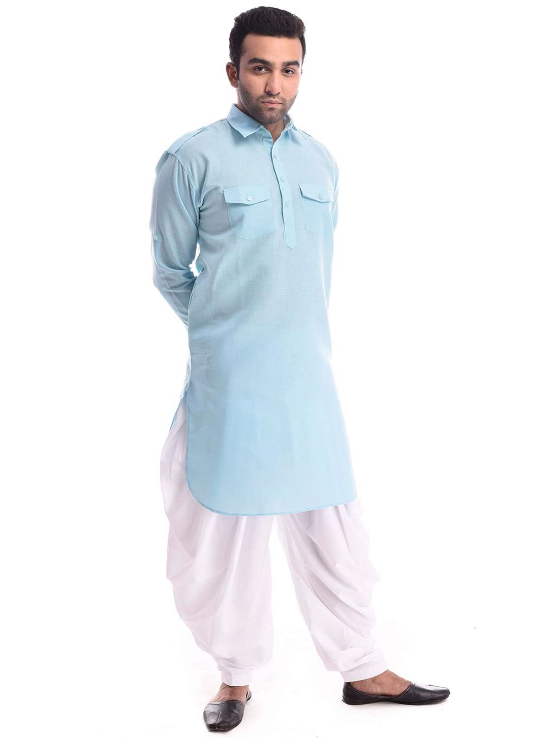 men solid collared long sleeve pathai kurta - 22001228 - Standard Image - 2