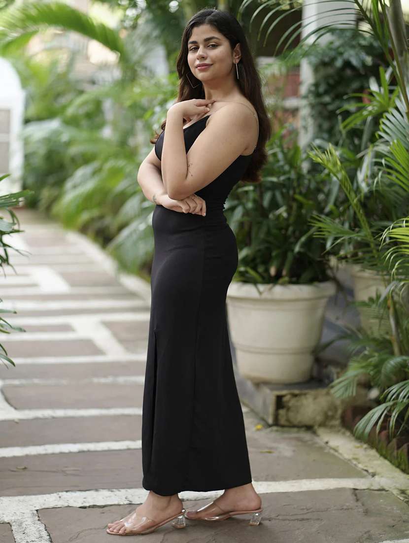 women solid shoulder strap high slit bodycon dress - 22001257 - Standard Image - 2