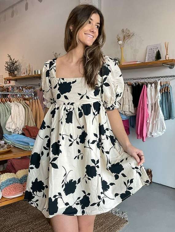 women floral print puff sleeve fit & flare dress