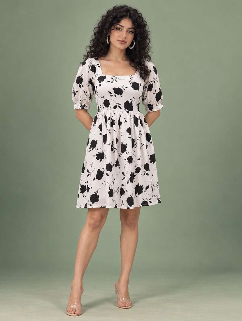 women floral print puff sleeve fit & flare dress