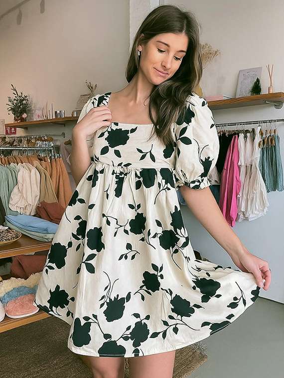 women floral print puff sleeve fit & flare dress - 22001258 -  Standard Image - 2