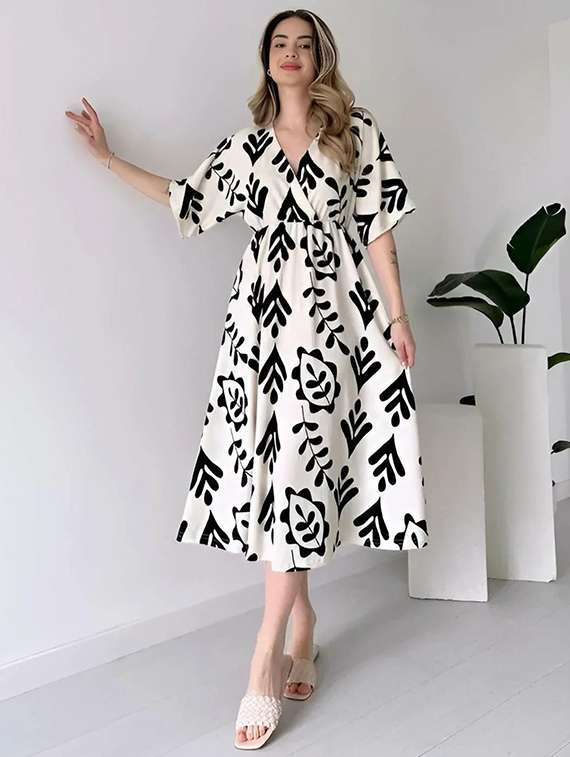 women printed short sleeve fit & flare dress - 22001263 -  Standard Image - 2
