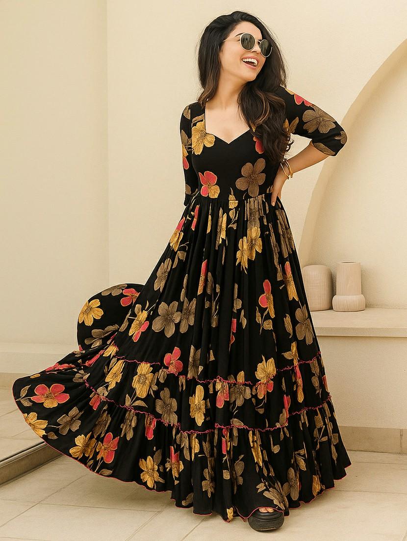 women floral print puff sleeve tiered maxi dress