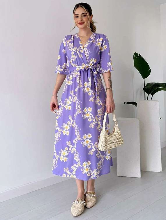 women lavender floral print a-line dress