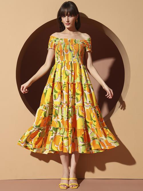 women printed off shoulder smocked detailed tiered dress - 22001285 -  Standard Image - 0