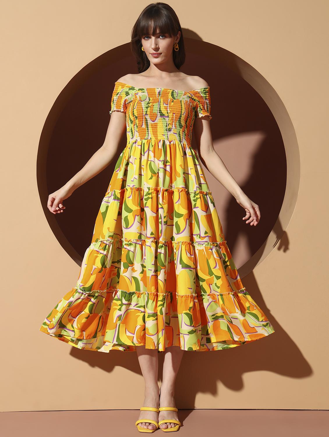 women printed off shoulder smocked detailed tiered dress - 22001285 -  Zoom Image - 0