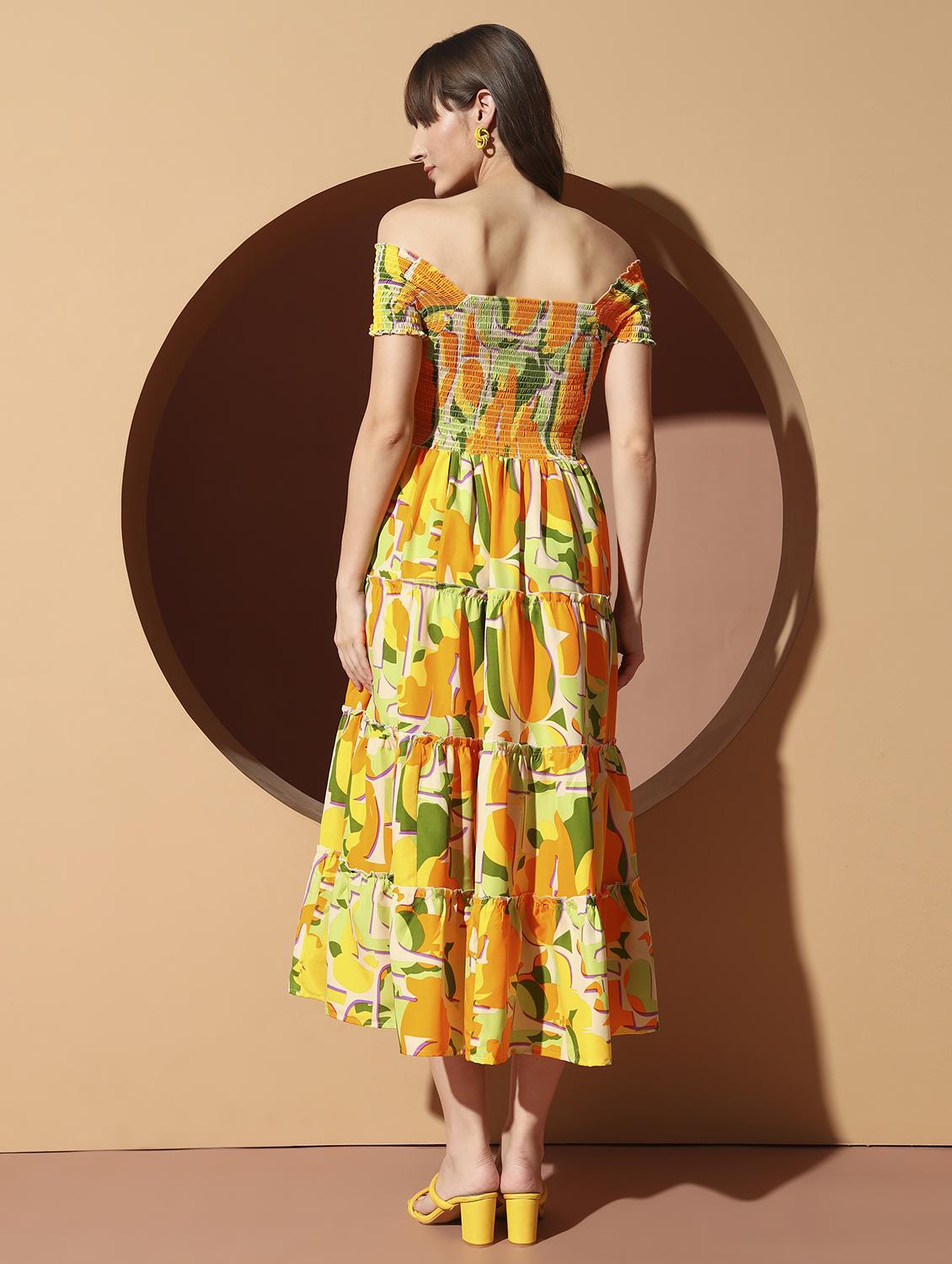 women printed off shoulder smocked detailed tiered dress - 22001285 - Standard Image - 2