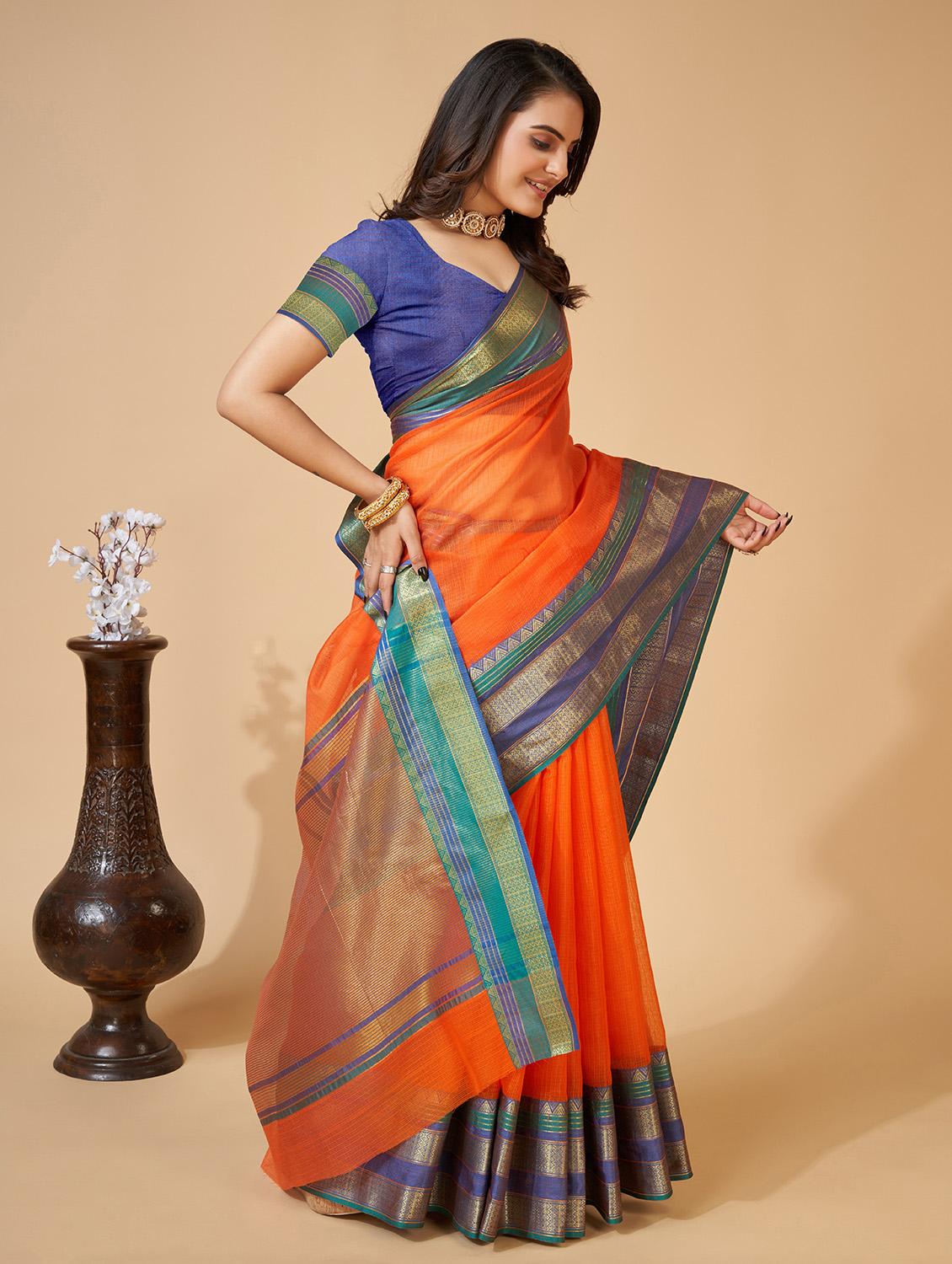 women solid with bordered kota doria saree with blouse - 22001289 - Standard Image - 2