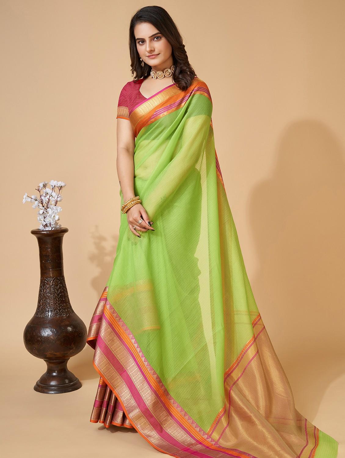 women solid with bordered kota doria saree with blouse - 22001291 -  Zoom Image - 0