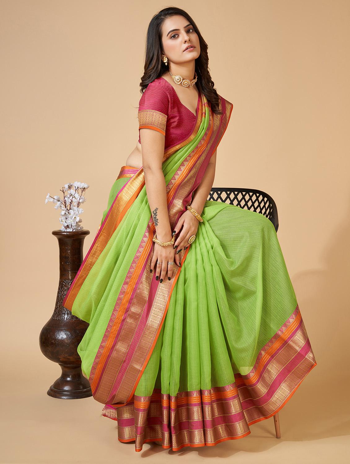 women solid with bordered kota doria saree with blouse - 22001291 - Standard Image - 2