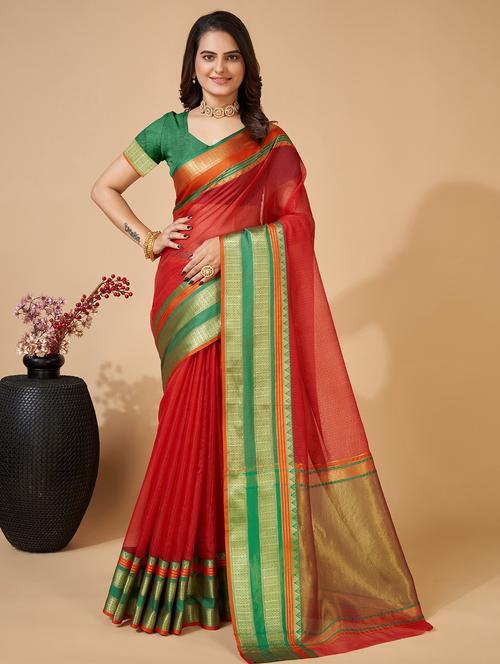 women solid with bordered kota doria saree with blouse - 22001292 -  Standard Image - 0