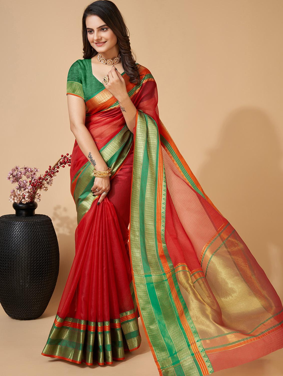 women solid with bordered kota doria saree with blouse - 22001292 - Standard Image - 2